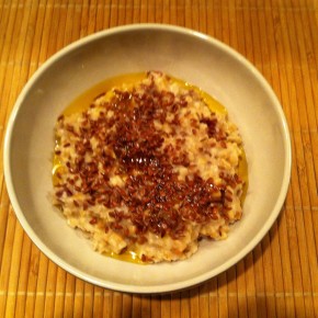 basic oatmeal sprikled with flax seeds and flax seed oil